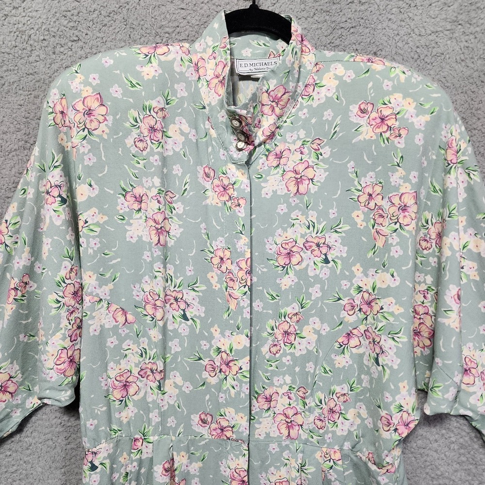 E.D.Michaels Vintage Dress Dolman Sleeve Sage Pink Floral Size 9/10 80's 90's - Picture 2 of 10